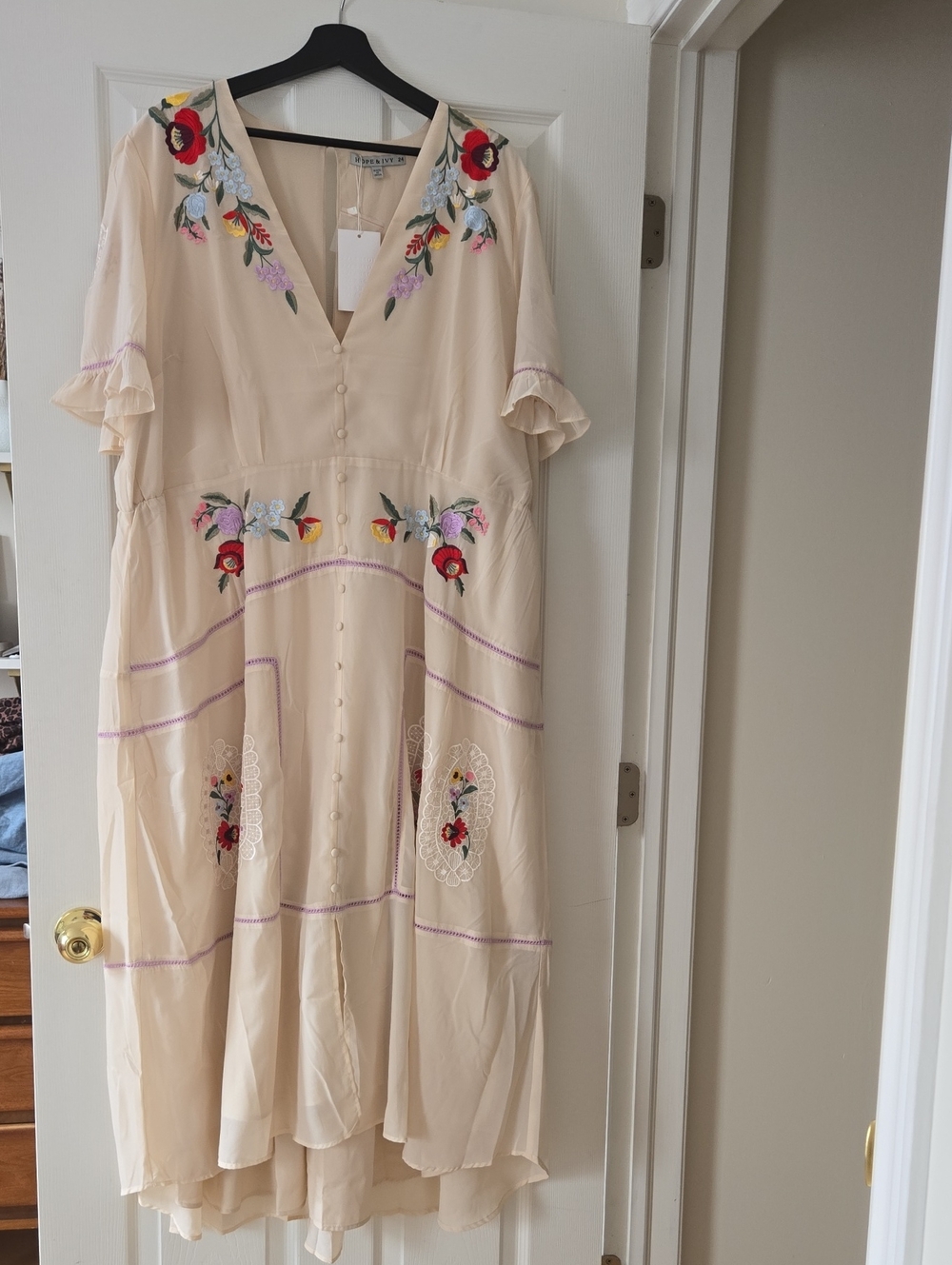 Embroidered Cream Midi Dress with Floral Detail - Brand: Free People